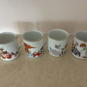 4 New Vintage Disney Gold Rim Mugs -Alice, Pooh,Snow White, Dumbo, Mickey -JAPAN
